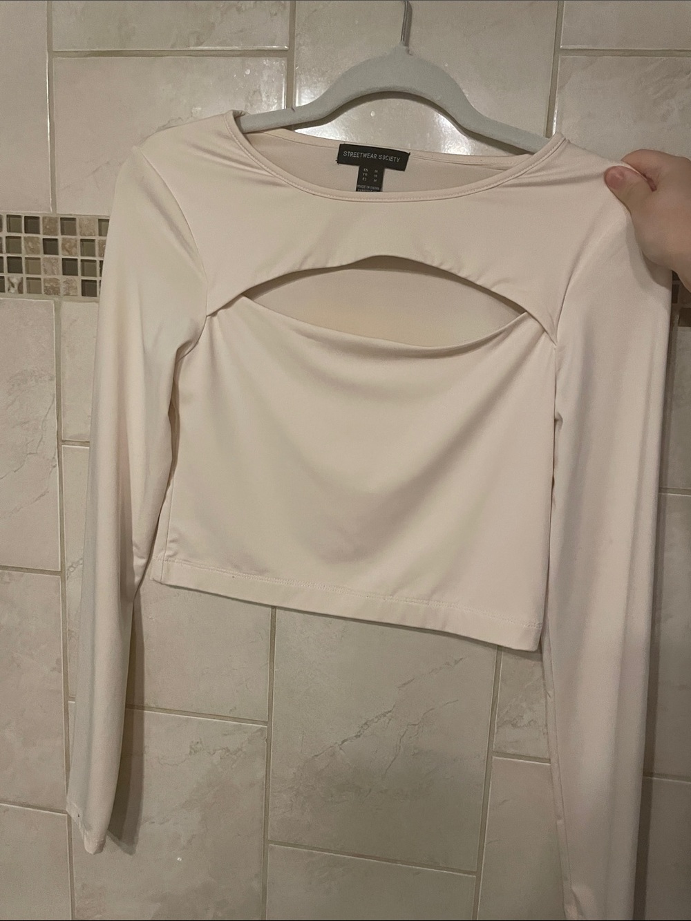 Streetwear Society Cream Long-Sleeve Cutout Crop Top